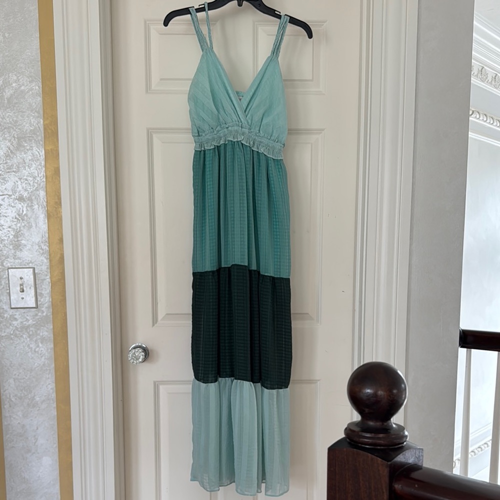 Koko + Mason Aqua & Teal Color Block Maxi Sleeveless v neck Dress Size Small
